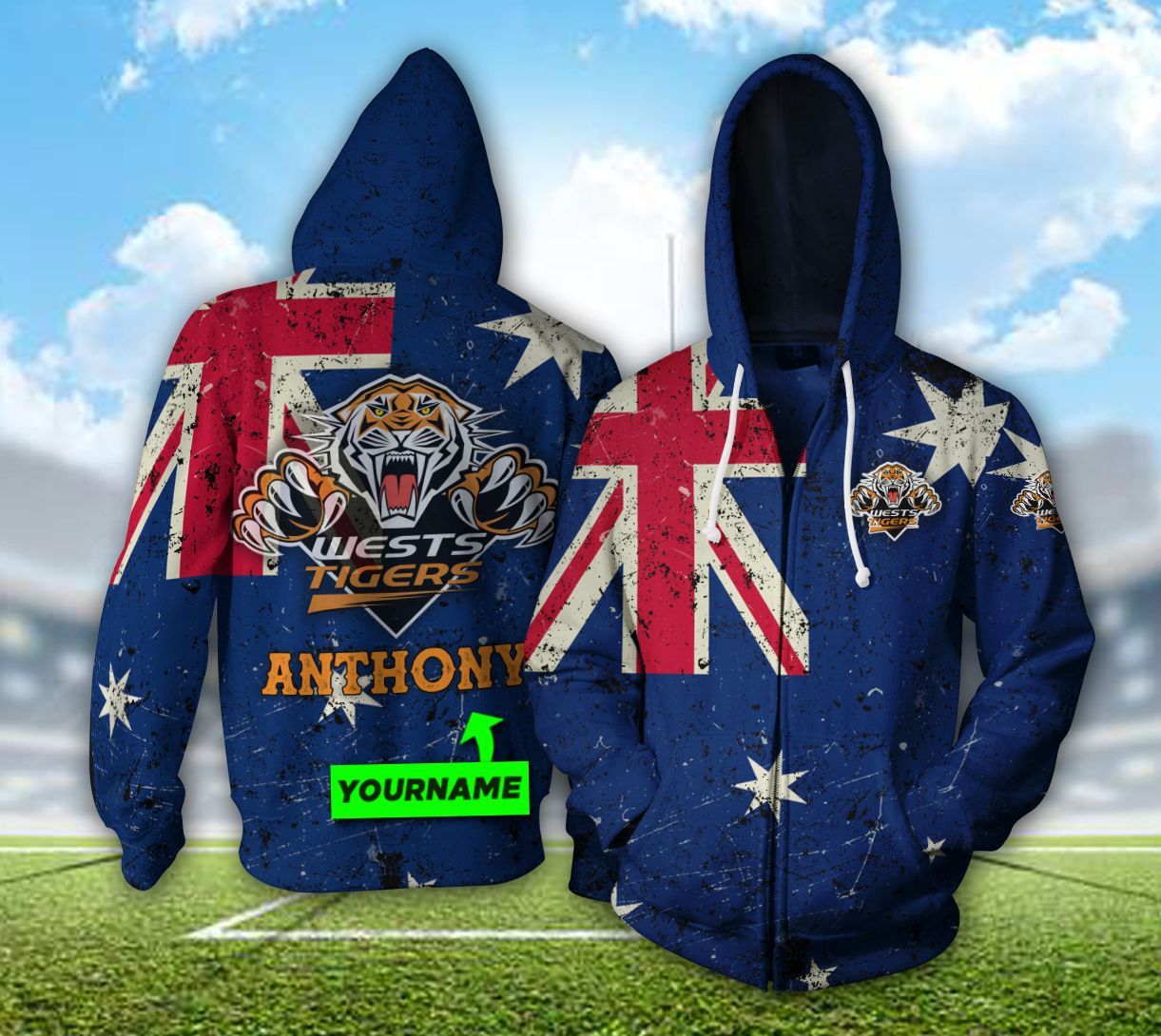 DTT HD0148 Wests Tigers 3D Hoodie Flag