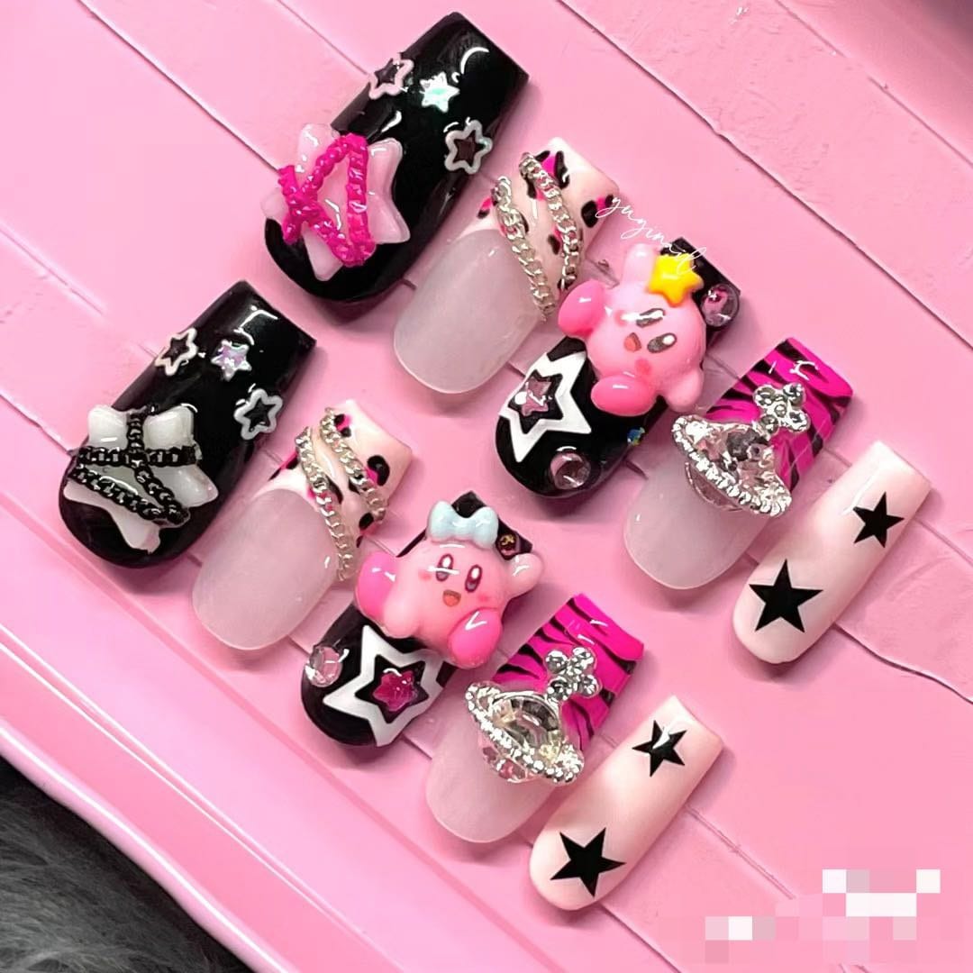 Kawaii 3D Kirby Charms Press on Nail/ Star Fake Nails/ Y2K Style Nails/ Saturn Planets Charm Press on nails #43