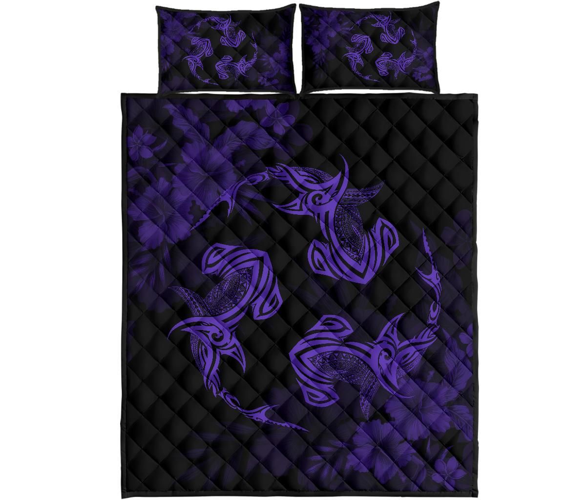 Alohawaii Home Set – Hawaii Head Hammer Shark Hibiscus Purple Quilt Bed Set – Ah – J4