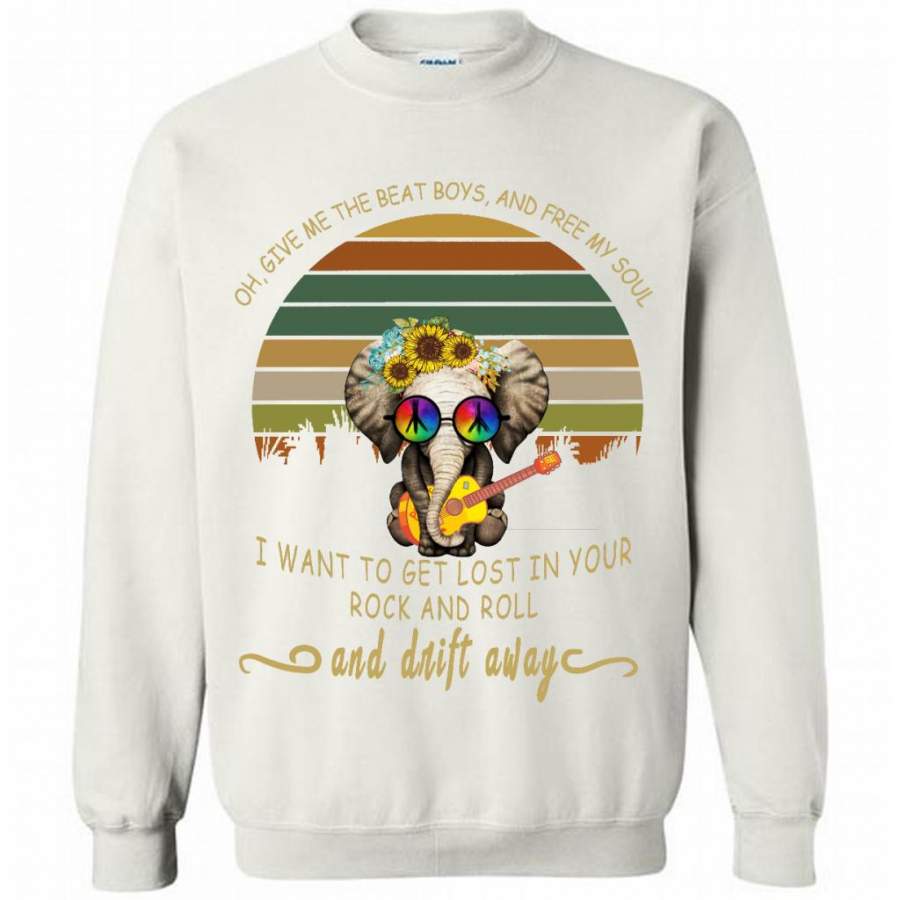 Oh, Give Me The Beat Boys, And Free My Soul I Want To Get Lost In Your Rock And Roll And Drift Away, Peace Sign, Elephant Classic Floral Design – Gildan Crewneck Sweatshirt