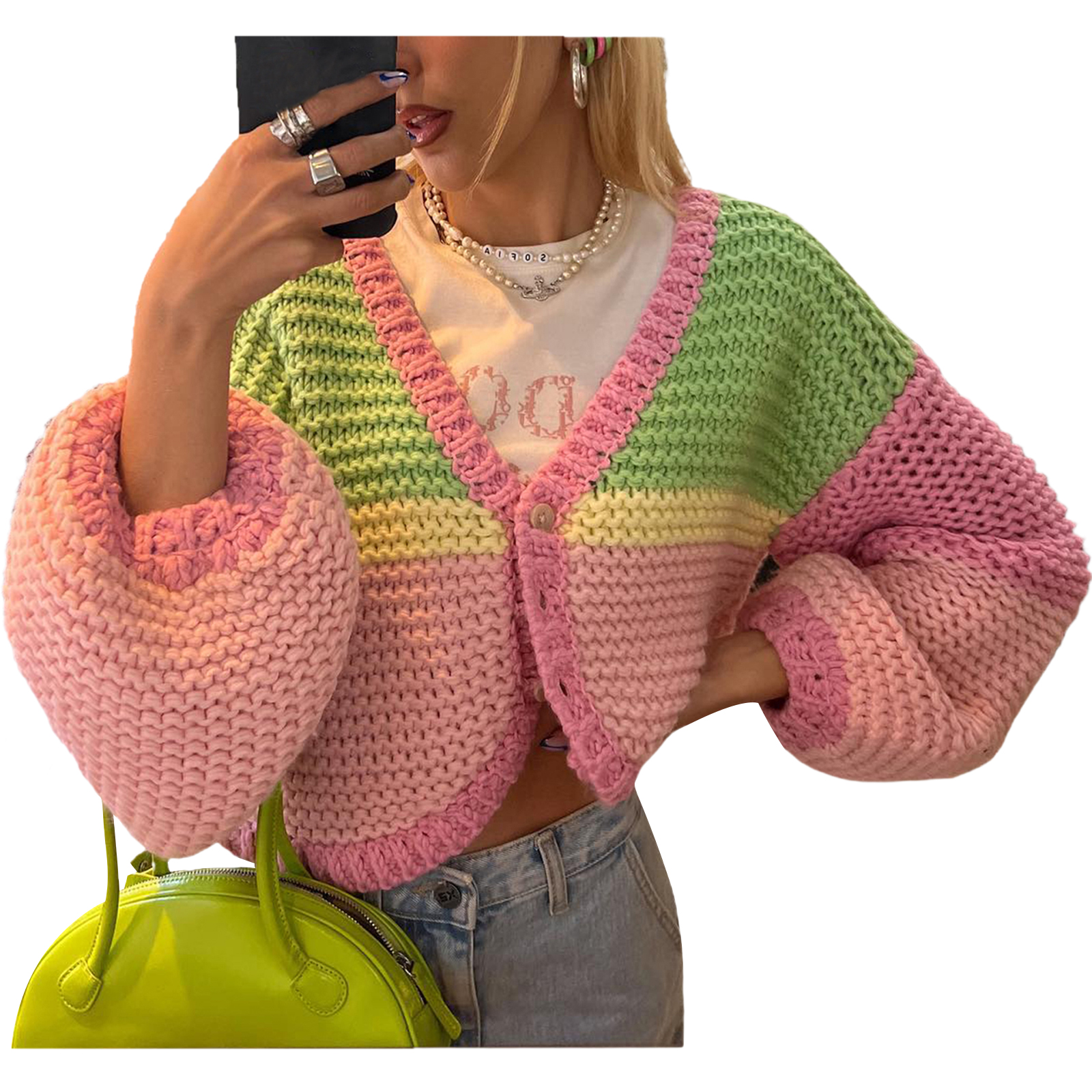 Women Button Down Sweater V Neck Cable Knit Crop Cardigan Cute Oversized Jumper Pullover Top Aesthetic Clothes alx