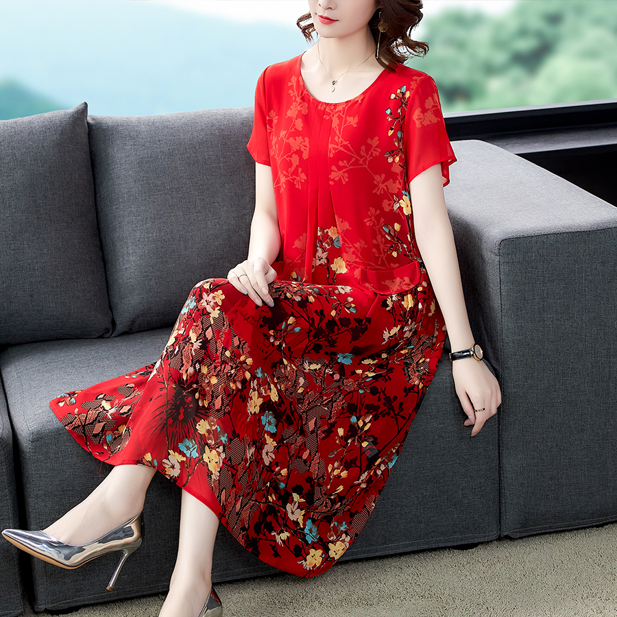 2022 Blue Floral Chiffon Vintage Midi Dresses Elegant Female office lady Print Sundress Summer Party Bodycon Runway Vestidos alx