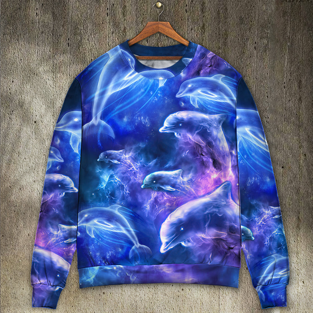 Dolphin Galaxy Neon Glow Style Ugly Christmas Sweater