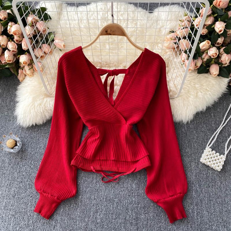 Autumn Women Sweater Outside Full Lantern Sleeves Skinny Low Cut V-neck Knitted Pullovers Office Ladies Causal Slim Knitwear alx