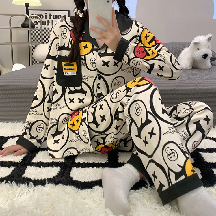 Autumn Winter Women Long Sleeve Cartoon Smiling Face Print Pajamas Set Large Size Two Piece Sleepwear Suit Lapel Cardigan Pyjama alx