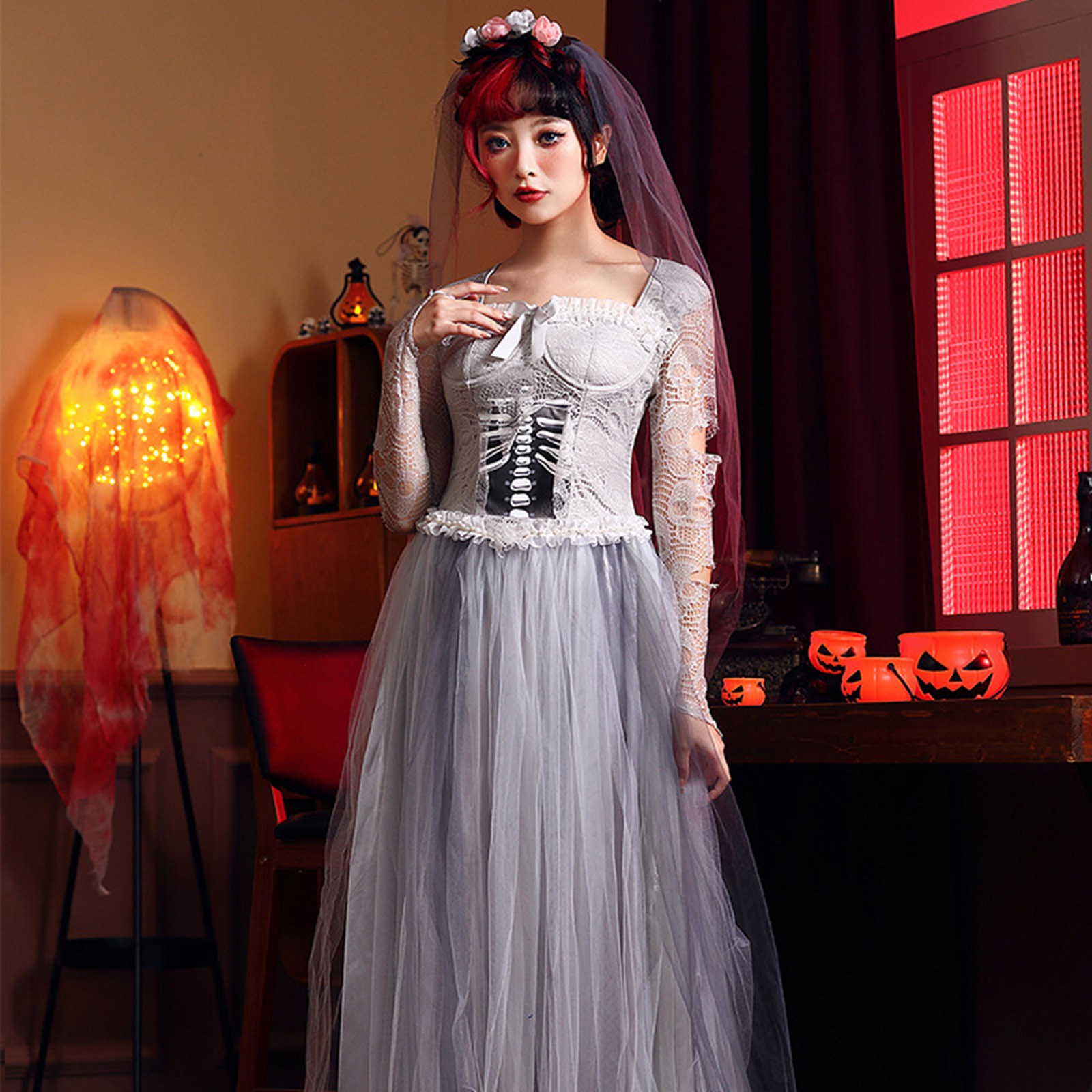 Womens Halloween Bandage Mash Dress Costume Festival Bar Party Horror Hole Skeleton Skeleton Bride Tulle Dress Vintage Elegant alx