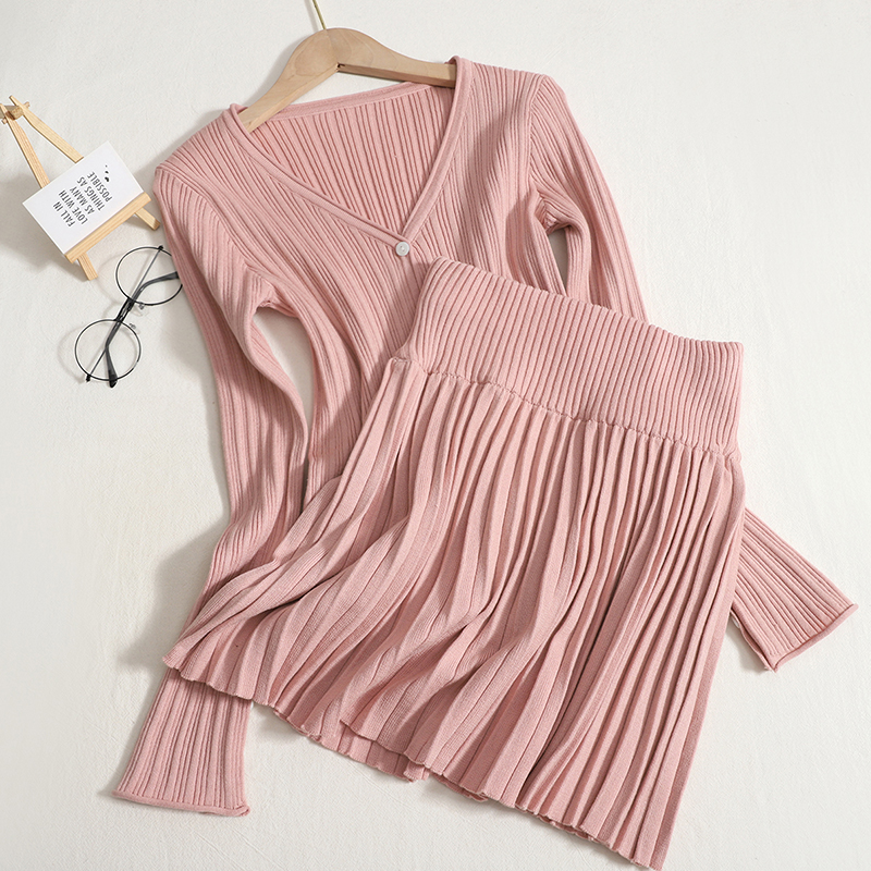 Slim High Waist A Line Pleated Skirt Mini V Neck Short Pink Cardigan Dress Sets Chic Sweet Knitted Sweater Coat Two 2022 Fall alx