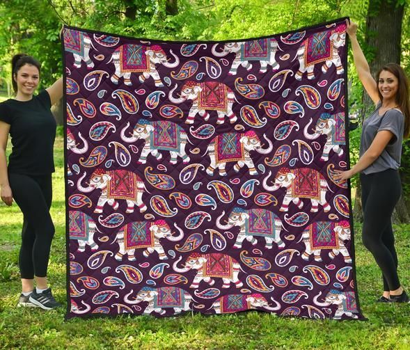 Bohemian Elephant  White Elephant  Quilt Blanket