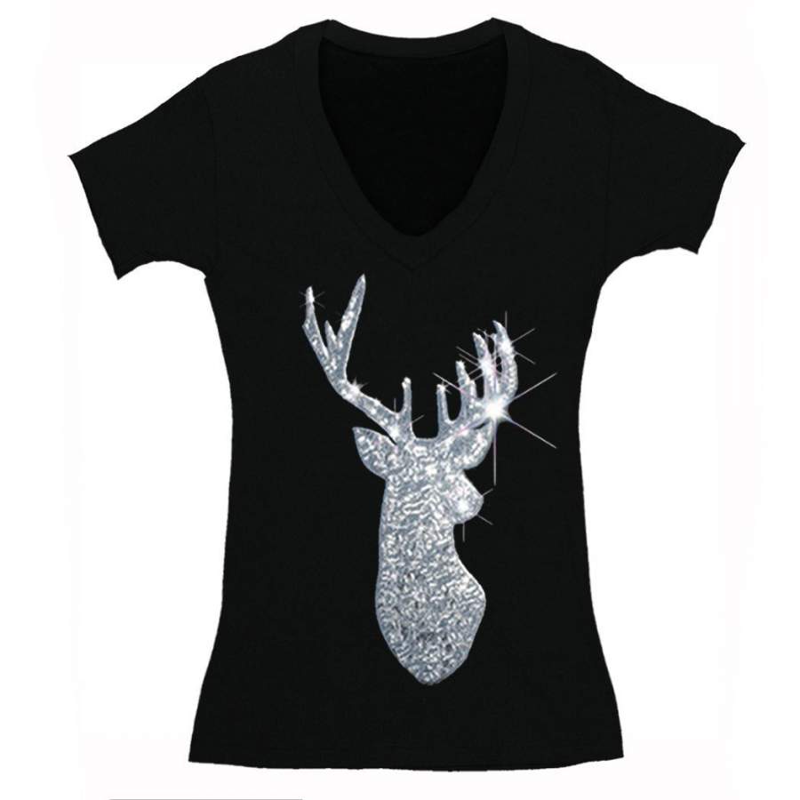 XtraFly Apparel Women’s Silver Reindeer Sequins Ugly Christmas V-Neck Short Sleeve T-Shirt