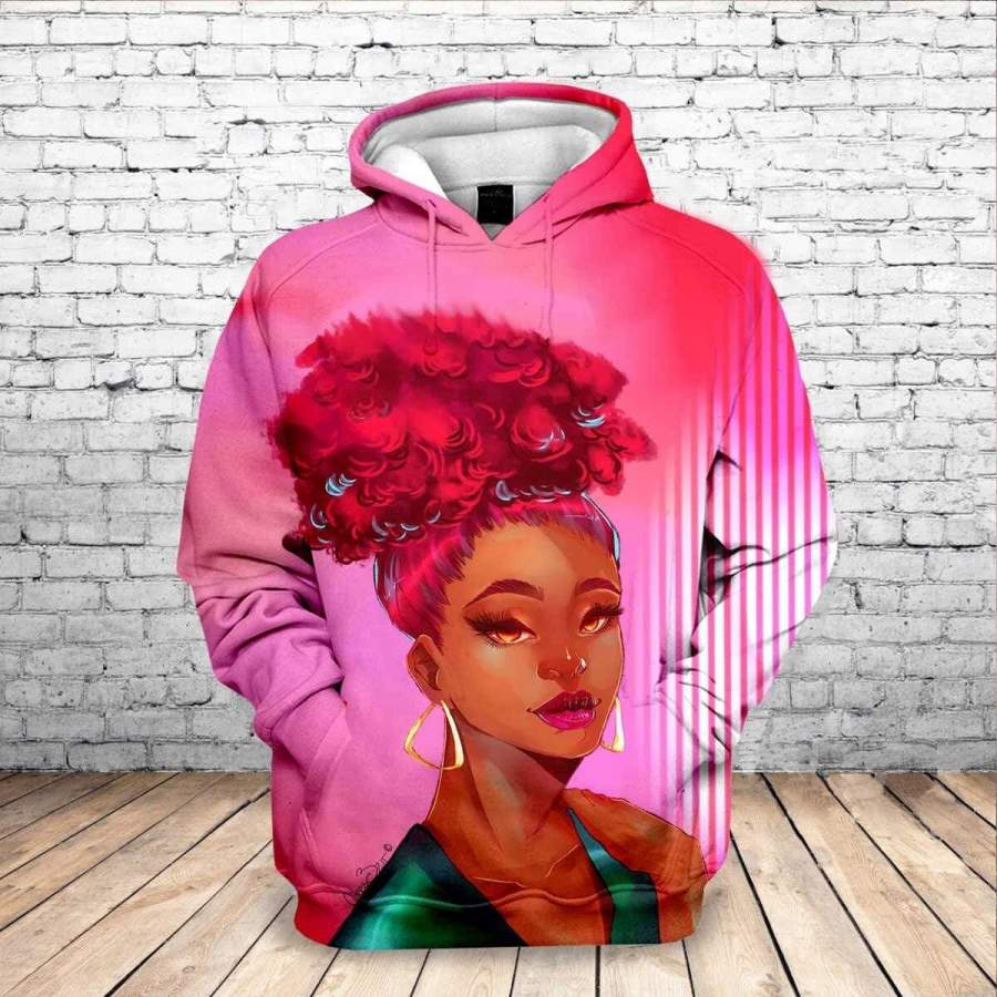 Afro Girl Pink Hoodie 3D All Over Print Custom Name #V