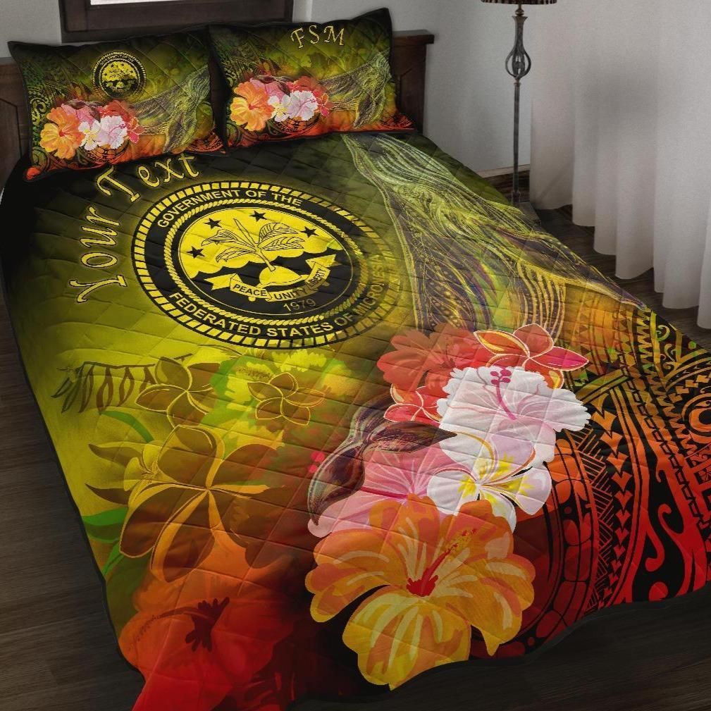 Alohawaii Home Set – Quilt Bed Set Federated States Of Micronesia Custom Personalised – Humpback Whale With Tropical Flowers (Yellow)- Bn18