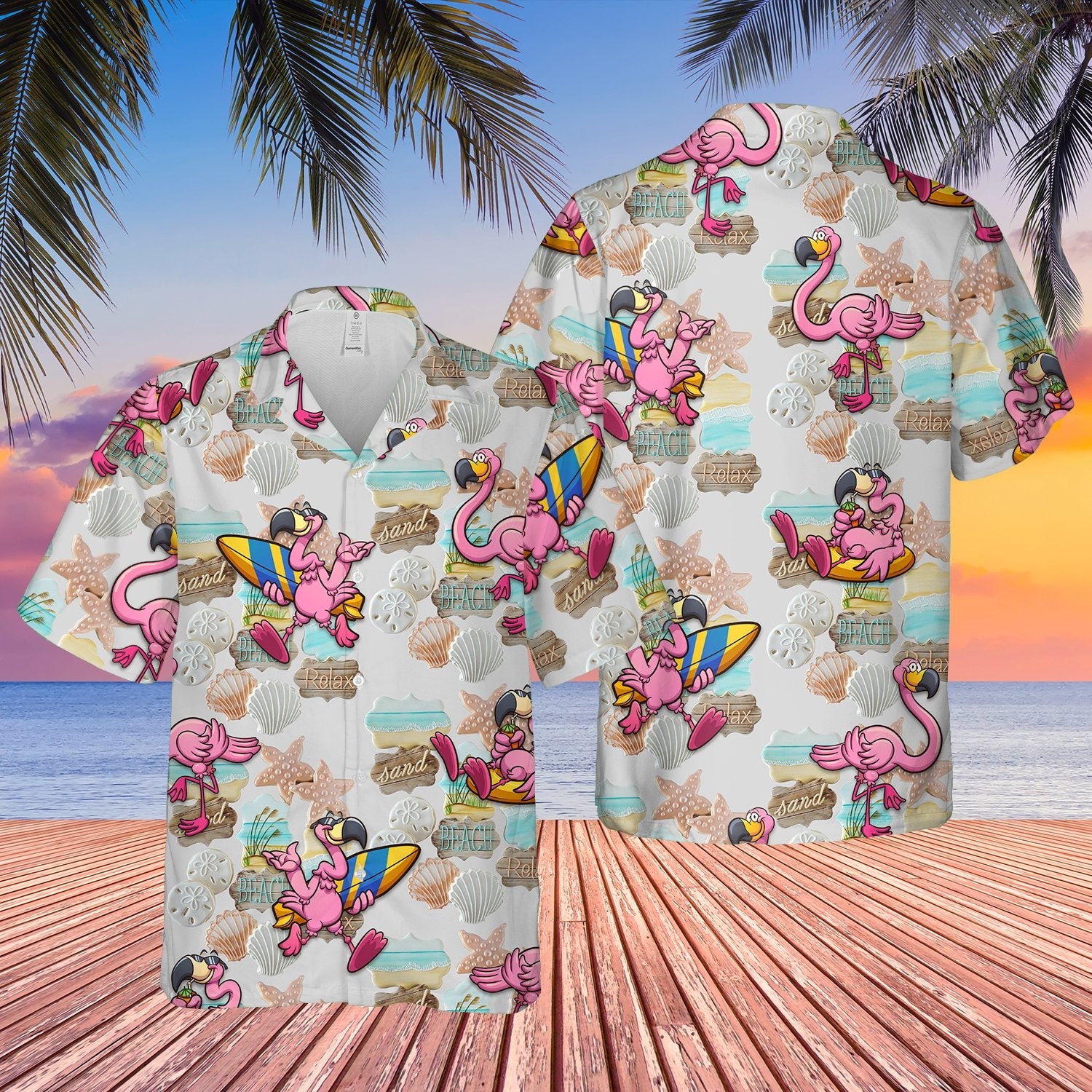 Flamingo Sand Beach Relax Hawaii Unisex Print Aloha Short Sleeve Casual Shirt Ha32964