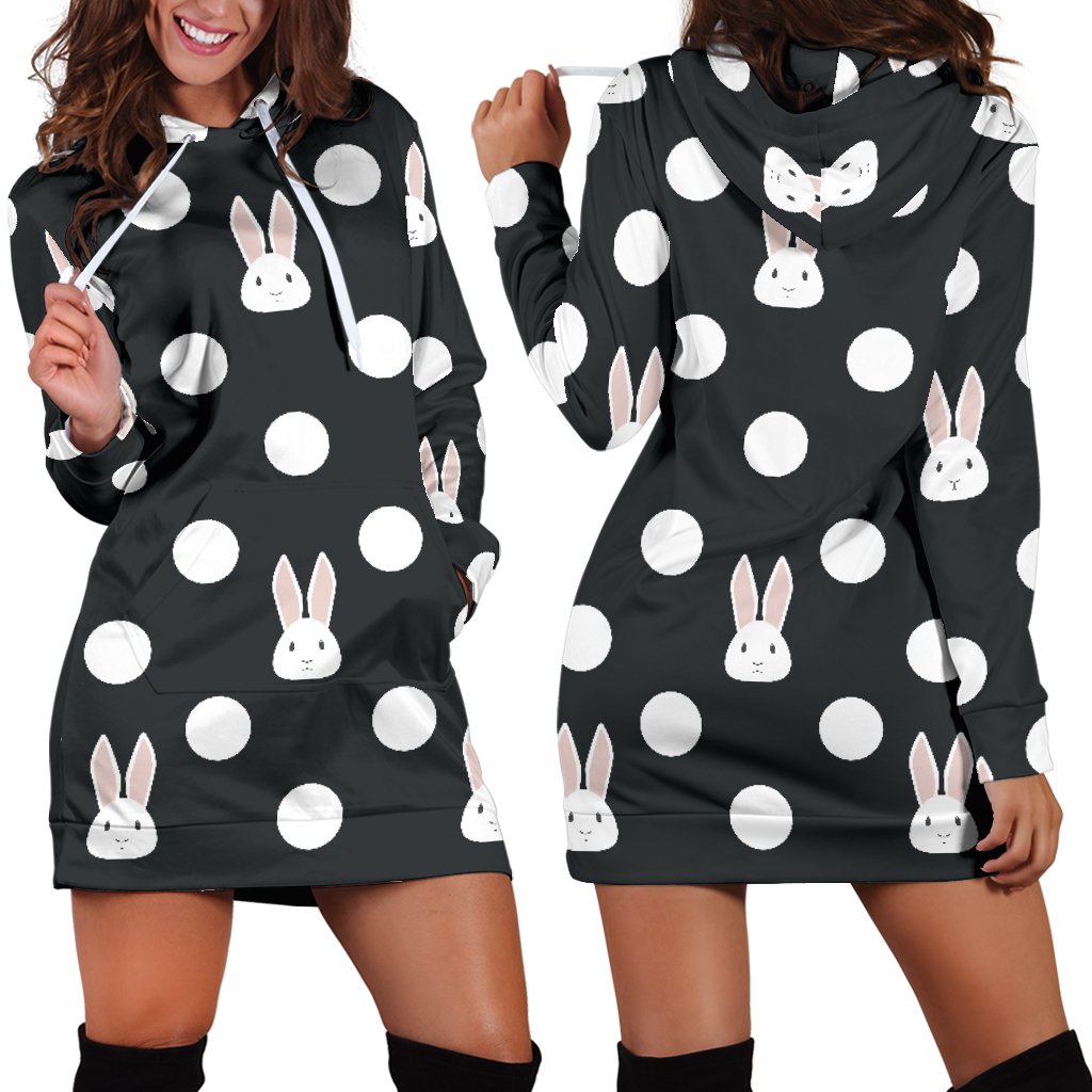 Cute White Rabbit Polka Dots Black Background Women’S Hoodie Dress