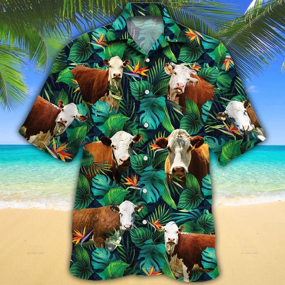 Hereford Cattle Lovers Tropical Leaves Hawaii Shirt Ha75344