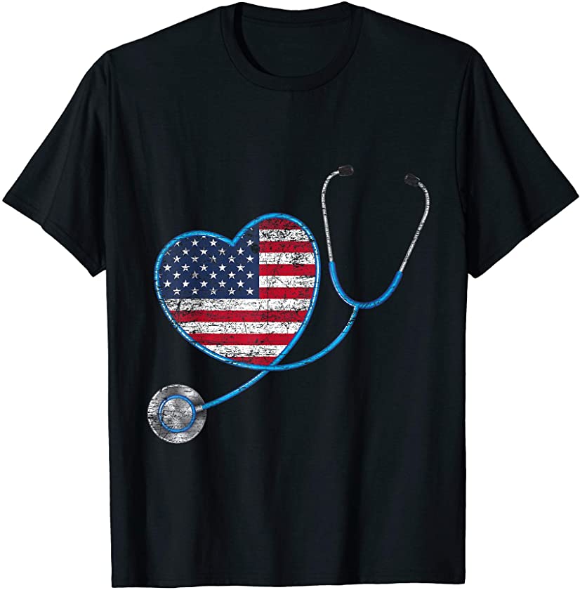 Vintage Heart USA Flag Gifts Stethoscope Nurse T-Shirt