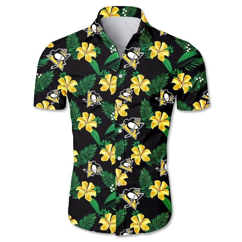 Pittsburgh Penguins Curved Hawaiian Shirt Floral Button Up Hawaiian Shorts Beach Short Sleeve