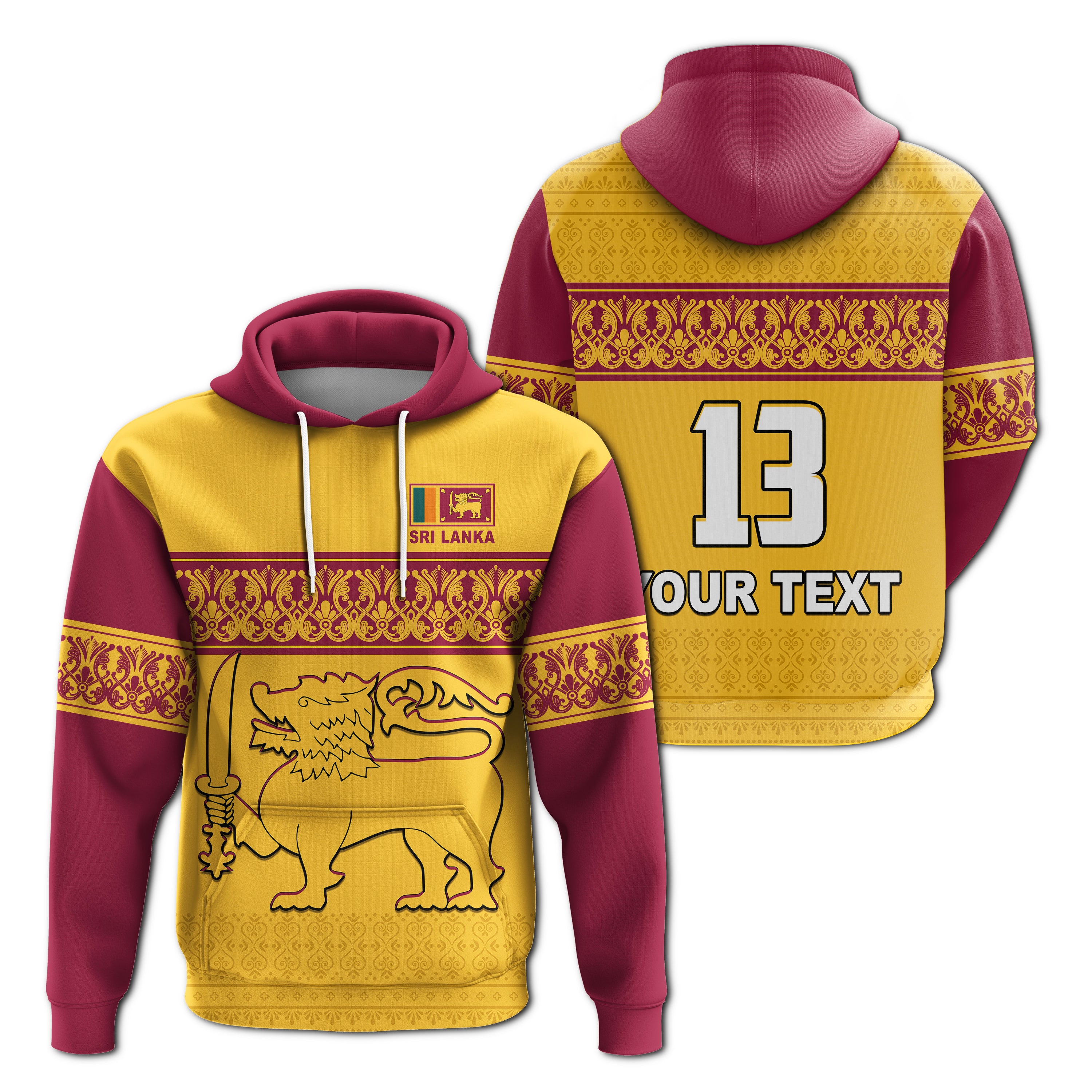 (Custom Text And Number) Sri Lanka Hoodie Traditional Pattern And Lion Flag Lt13