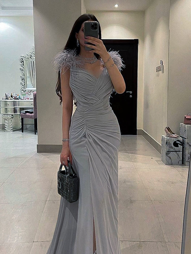 Zoctuo Elegant Feather Sexy Y2K Clothes Sleeveless Backless Side Slit Bodycon Maxi Dresses For Women 2022 Club Party Evening alx