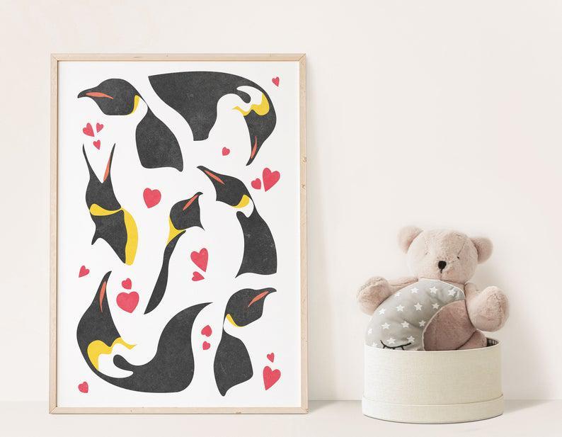 Penguin With Hearts Poster – Cute Animal Illustration / Digital Art / Ready To Print