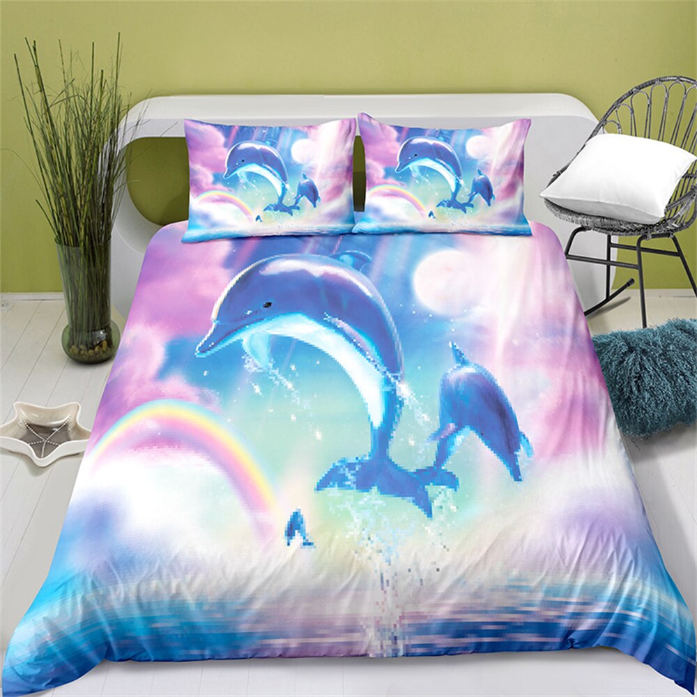 3D Printing Dolphin Duvet Cover With Pillowcase Bedroom Decoration Kawaii Bedding Queen Bedding Bedroom Set King Size Bed