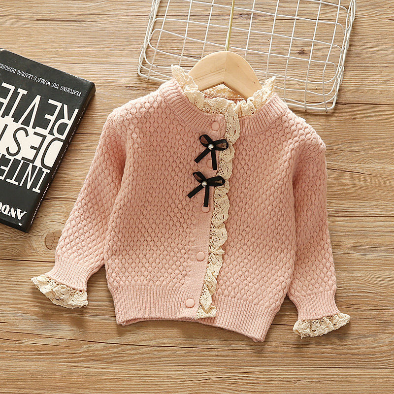 2021 Girls Knit Sweater Pearls Button Knitted Lace Cardigan Sweet Baby Autumn Winter Girl Princess Clothes Knit Wear alx