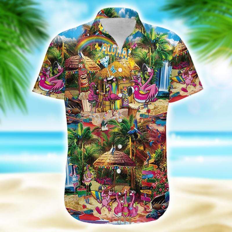 Flamingo At Tiki Bar Tropical For Men Women Hawaii Shirt Ha40266