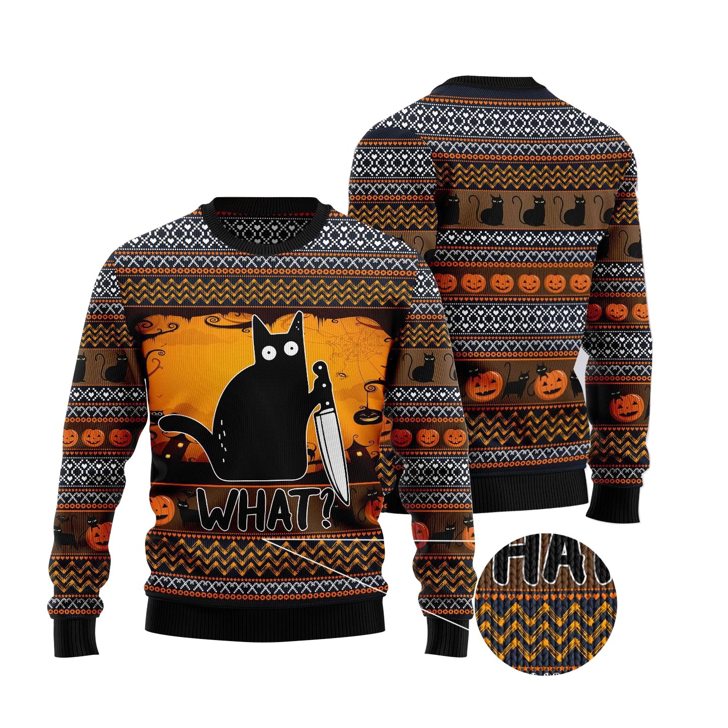 Black Cat What? Funny Halloween Pumpkin Ugly Sweater Unisex 3D Shirt Christmas Gifts Cat Lover