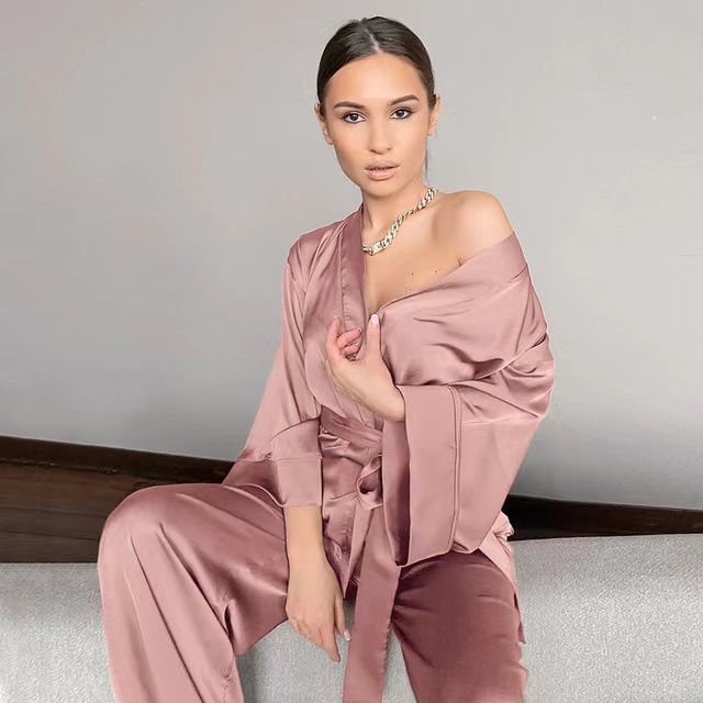 2 Pieces Set Pajamas for Women Soft Loose Satin Silk Sleepwear Pjamas V Neck Sexy Plus Size Robes Home Suits Longe Wear alx