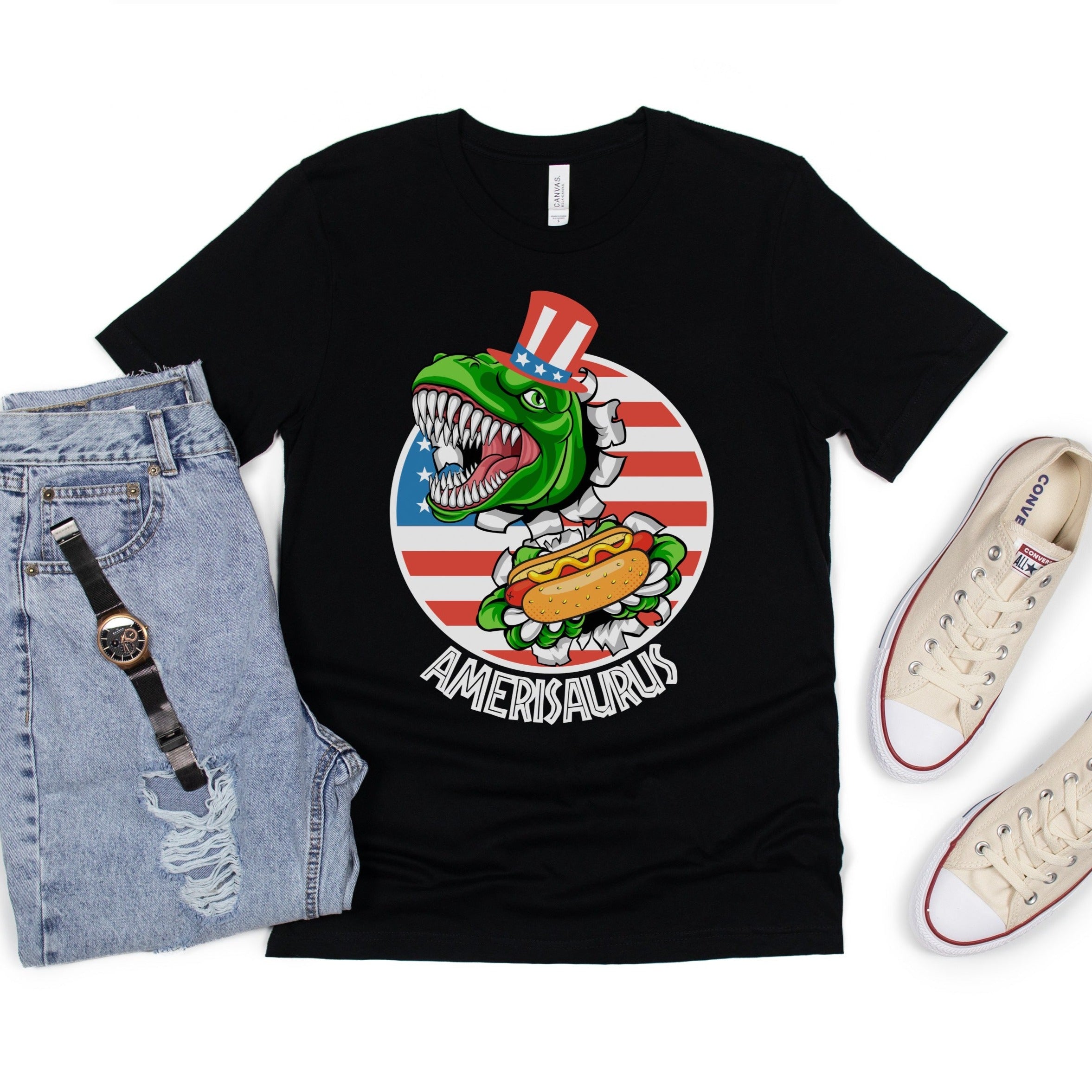 Amerisaurus T-Shirt, National Hot Dog Day Shirt, Patriotic American Flag Dinosaur T-Rex Eating Hot Dog Shirt, Labor Day Backyard Bbq Tee