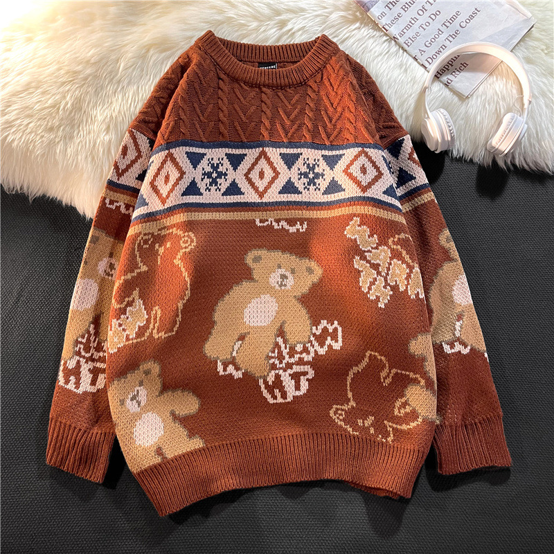 2023 Cute Bear Tops Oversize Woman High Street Knitting Sweater Autumn Pullover Loose Harajuku Kawaii White Women Couple Sweater alx