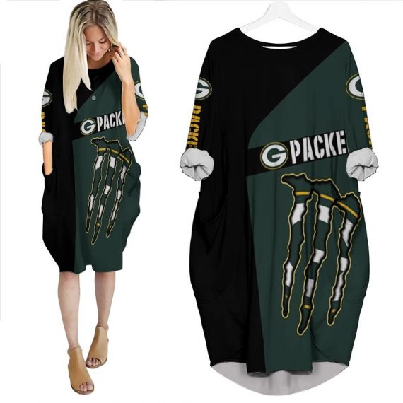 Monster Energy Green Bay Packers 3D Batwing Pocket Dress Womens Oversized Loose Dress