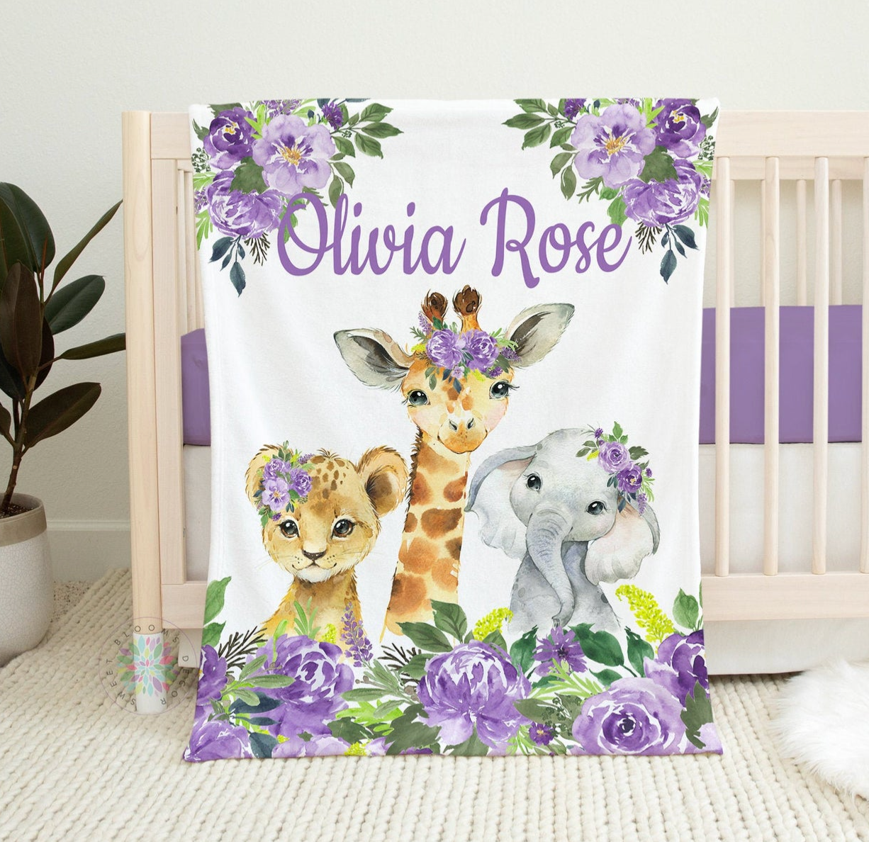 Safari Animals Baby Blanket, Purple Floral Jungle Personalized Baby Blanket Gift, Personalized Blanket, Baby Shower Gift