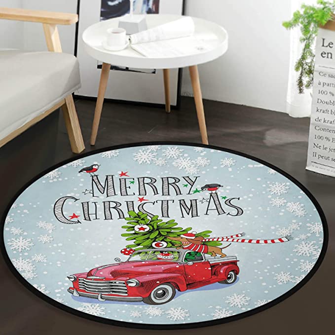 Merry Christmas Tree Snowflakes Round Doormat Red Truck Cardinals Dachshund Dog Xmas Gift Non Slip Absorbent Round Rug Floor Carpet Yoga Mat For Entryway Bedroom Living Room Sofa Home Decor