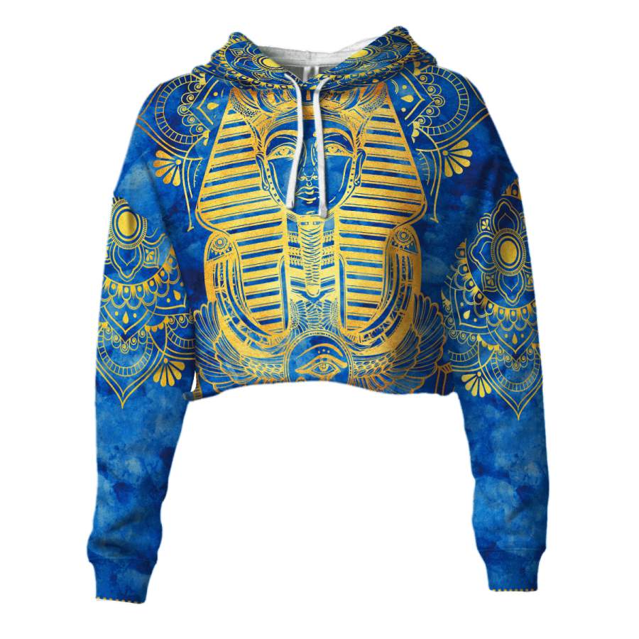 Egyptian Pharaoh Pattern In Blue Cropped Hoodie