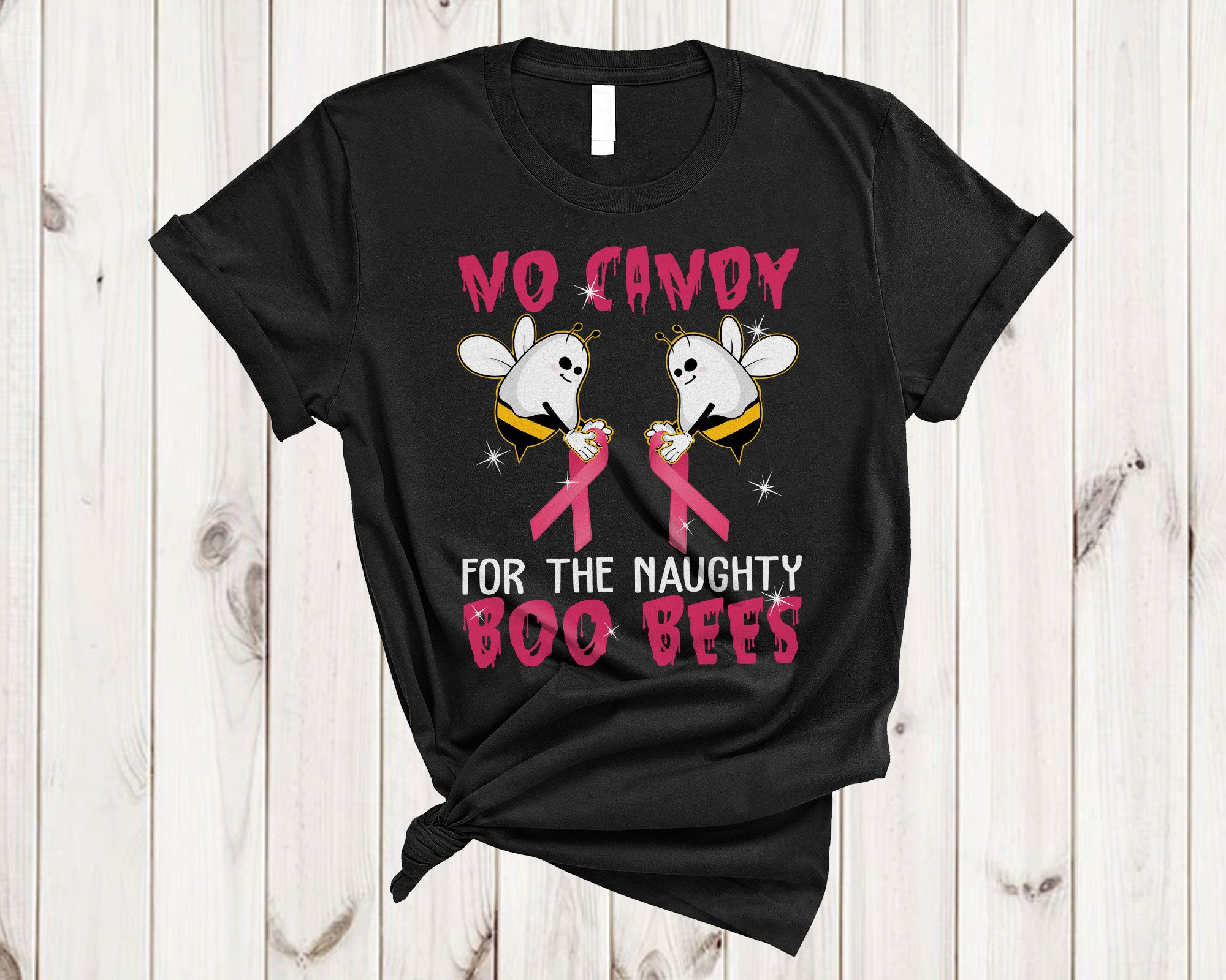 No Candy For The Naughty Boo Bees Funny Halloween Breast Cancer Awareness Pink Ribbon T-Shirt