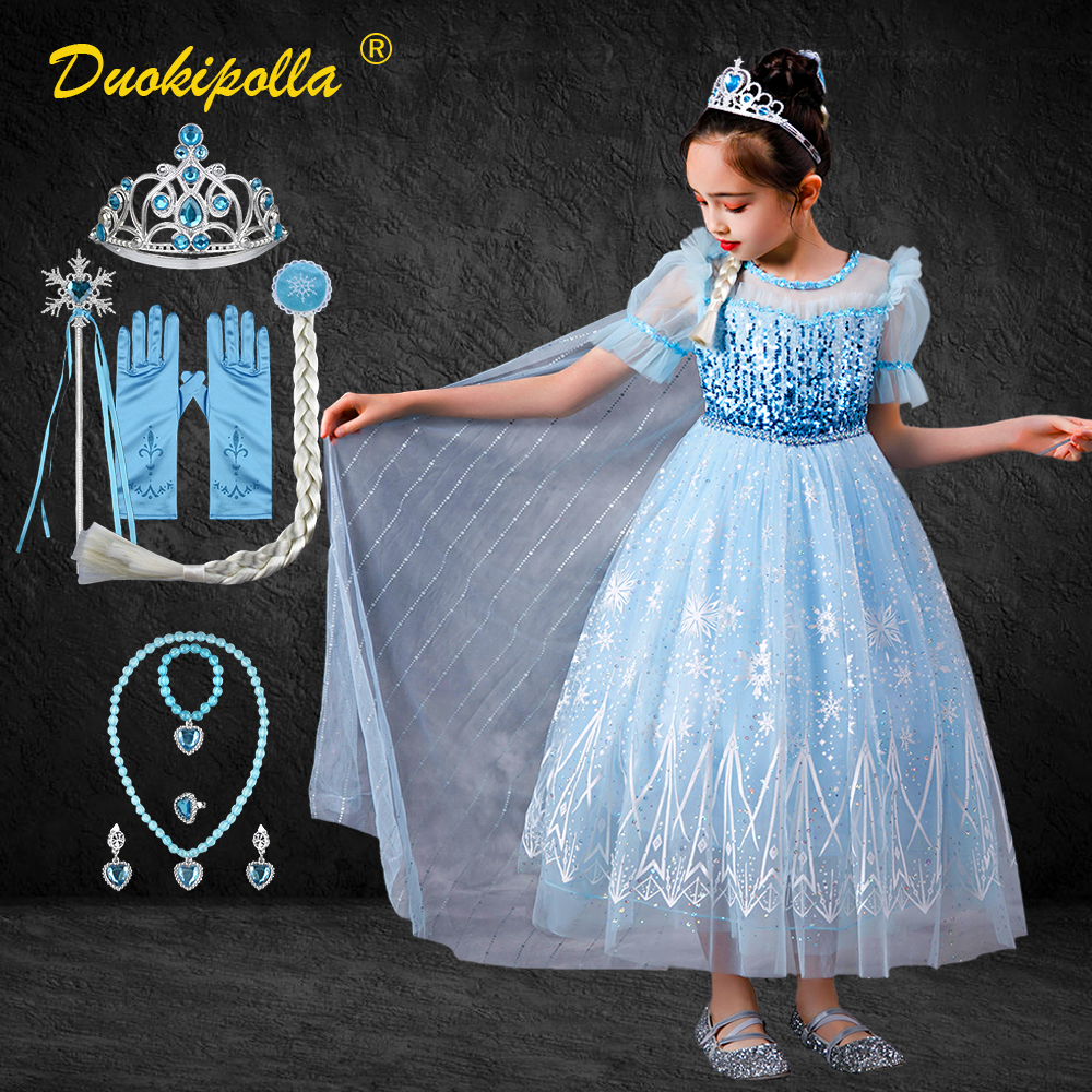 Snow Queen Summer Light Blue Girls Elsa Dress Snowflake Princess Dress Up Christmas Toddler Tulle Sequins Ball Gown Long Tail alx