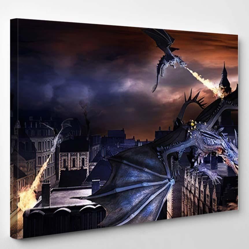 Scene Three Blue Dragon Old Town – Dragon Animals Canvas Print