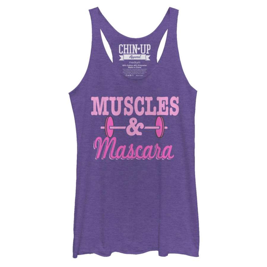 CHIN UP Women’s Barbell Muscles and Mascara  Racerback Tank Purple Heather