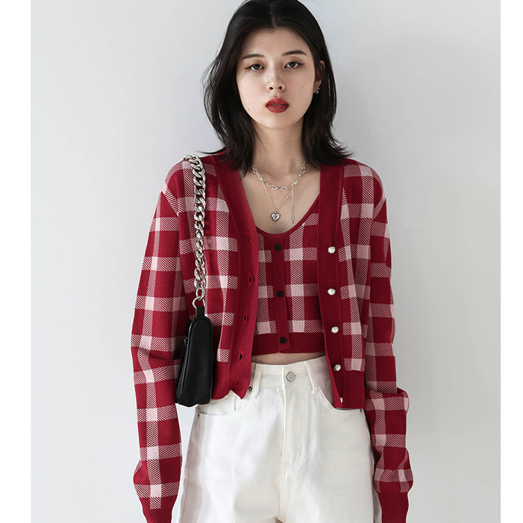 Cardigan Women Vintage Fashion Korean Version Newest Spring Ladies Clothing Plaid Cropped Elegant Daily Teens Classic Students alx