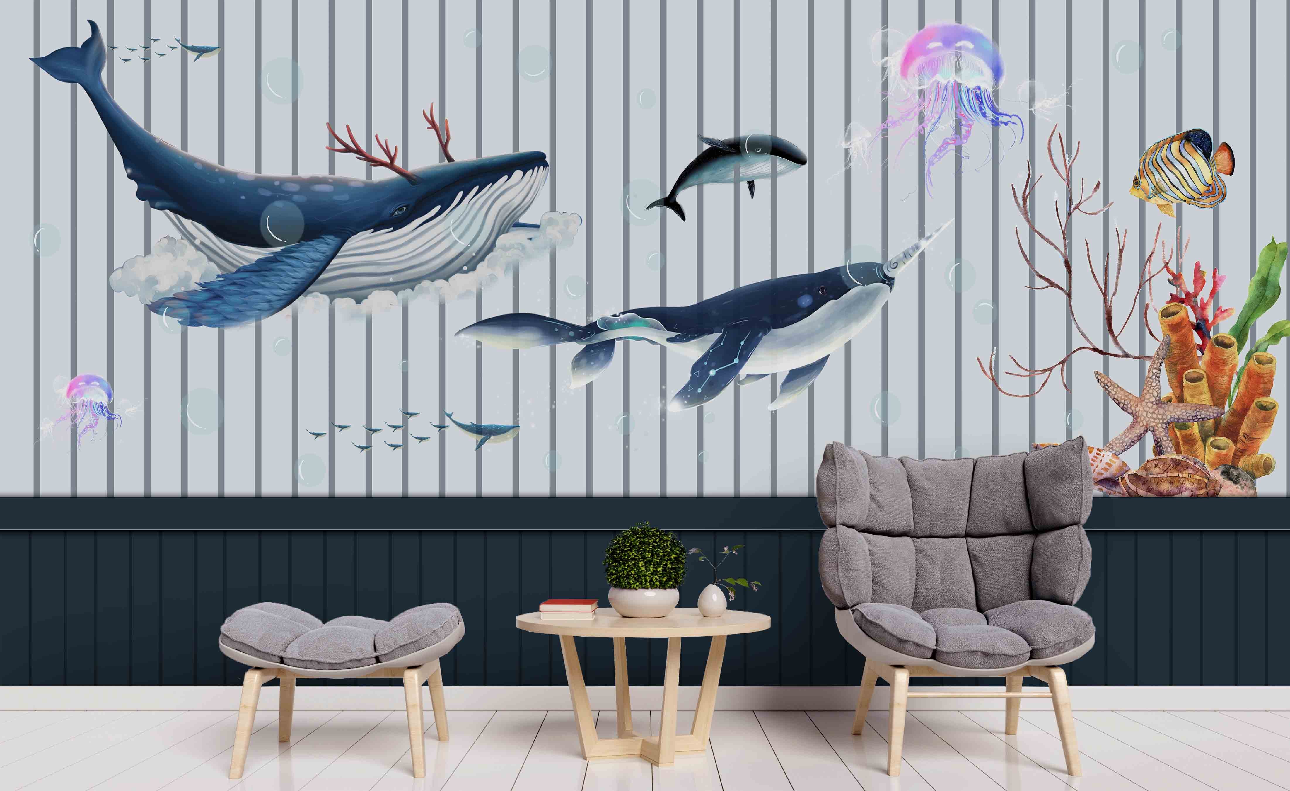 3D Hand Drawn Animal Dolphin Wall Mural Wallpaper Lqh 177