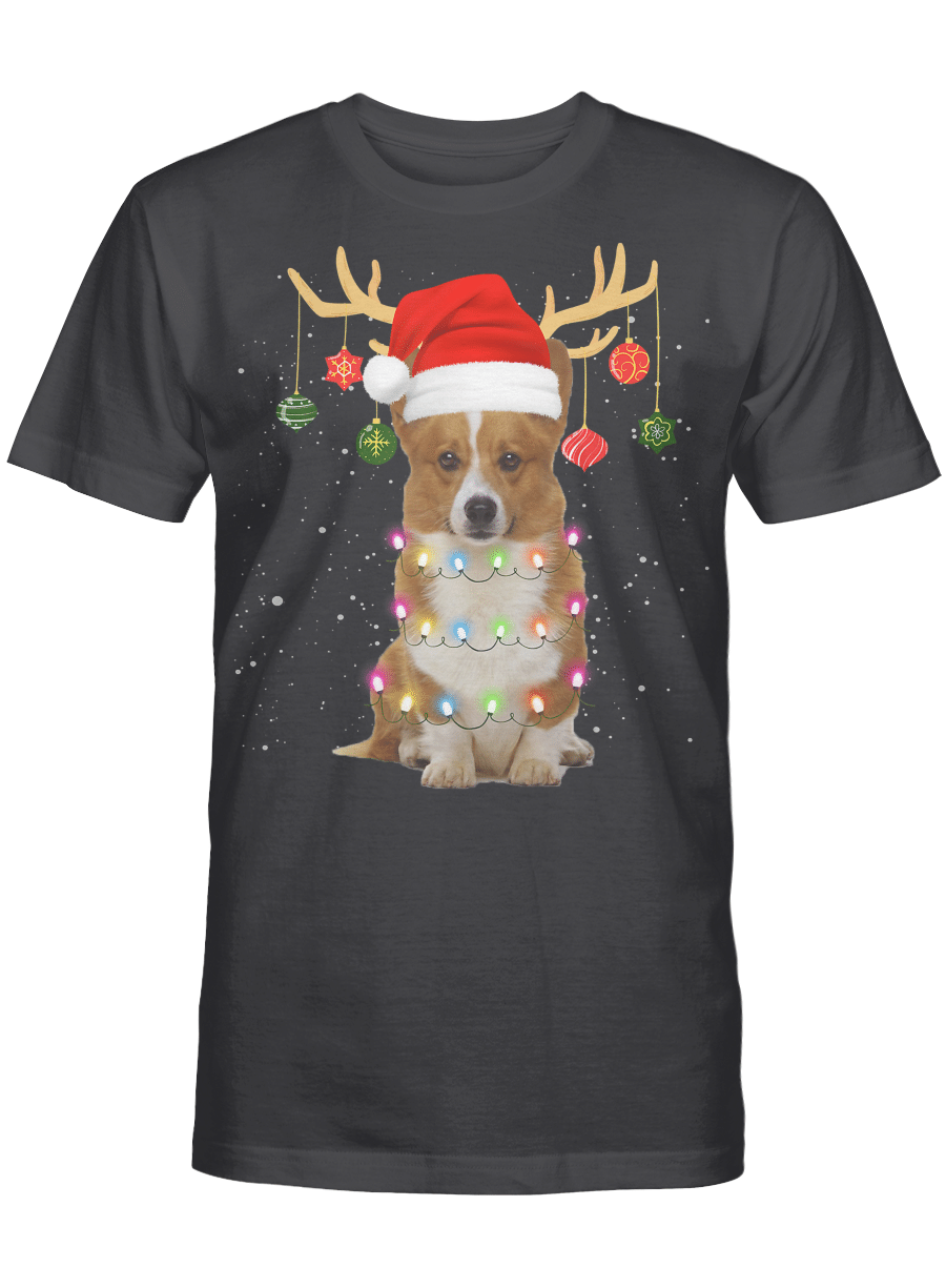 AmazeStyleZ Santa’s Reindeer, Ugly Christmas Sweater, Christmas Gift Ideas, Christmas TreeReindeer Corgi Dog With Santa Hat Christmas Light Xmas Corgi T-Shirt