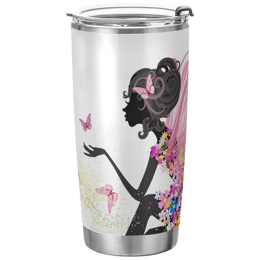 Tumbler Butterfly African Girl Pink Flower Insulated Coffee Cup Beverage Container Travel Mug With Straw And Lid Double Wall Stainless Steel 20Oz Holiday Gift