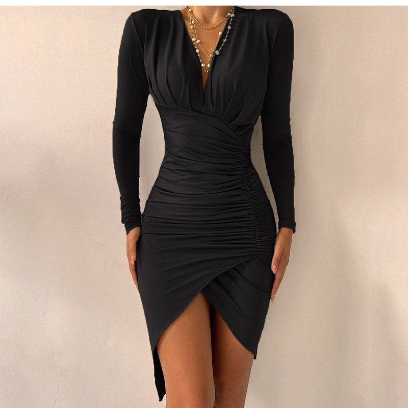 Women’s Spring Sexy Package Hips Long-sleeve V-neck Printed Slit Dress Clothing Summer Black Bodycon Dresses For Women Party alx