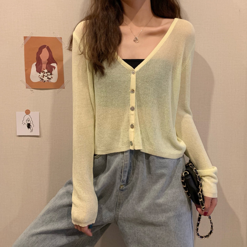 Thin Cardigan Women Summer Long Sleeve Crop Top Knitted Sweater White 2020 V-neck Sunscreen Cardigan Loose Tops alx