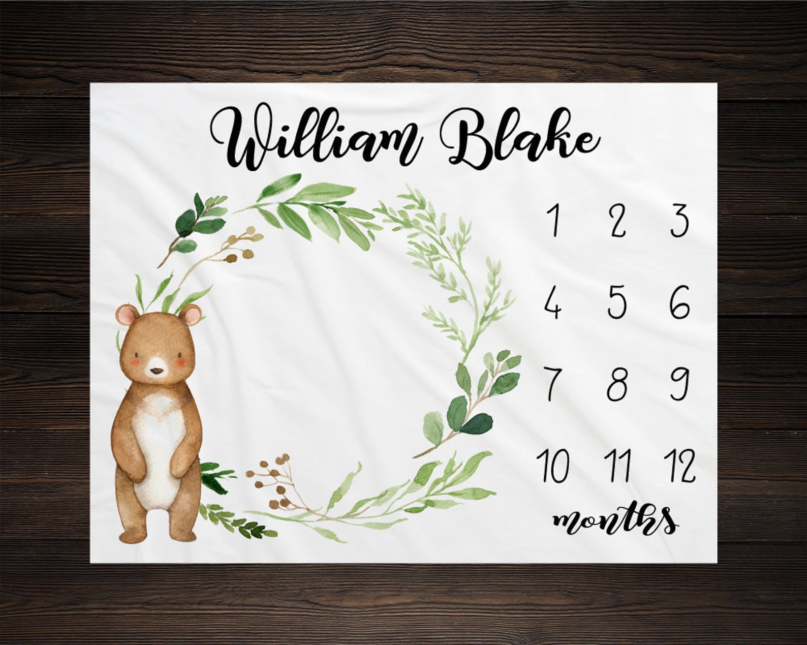 Woodland Bear Milestone Blanket, Monthly Growth Tracker Soft Fleece Blanket, Baby Shower Gift, Newborn Gift Blanket, Watch Me Grow Baby Boy