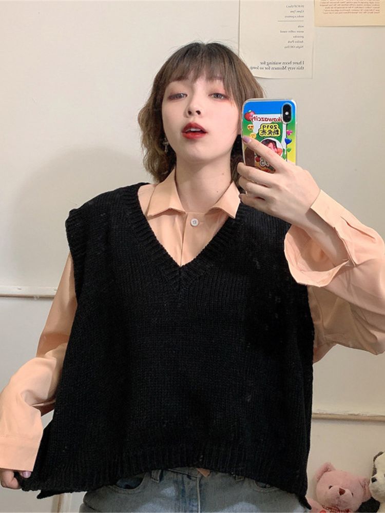 2022 Korean New Women Short Sweater Vests Solid Basic Simple All-match Loose Teenagers Knitwear Leisure Daily Soft Jumpers alx