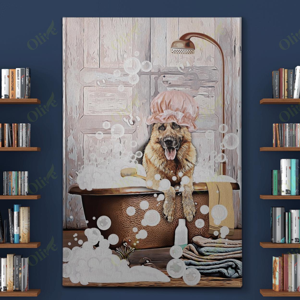 German Shepherd – In The Bath Canvas And Poster | Wall Decor Visual Art