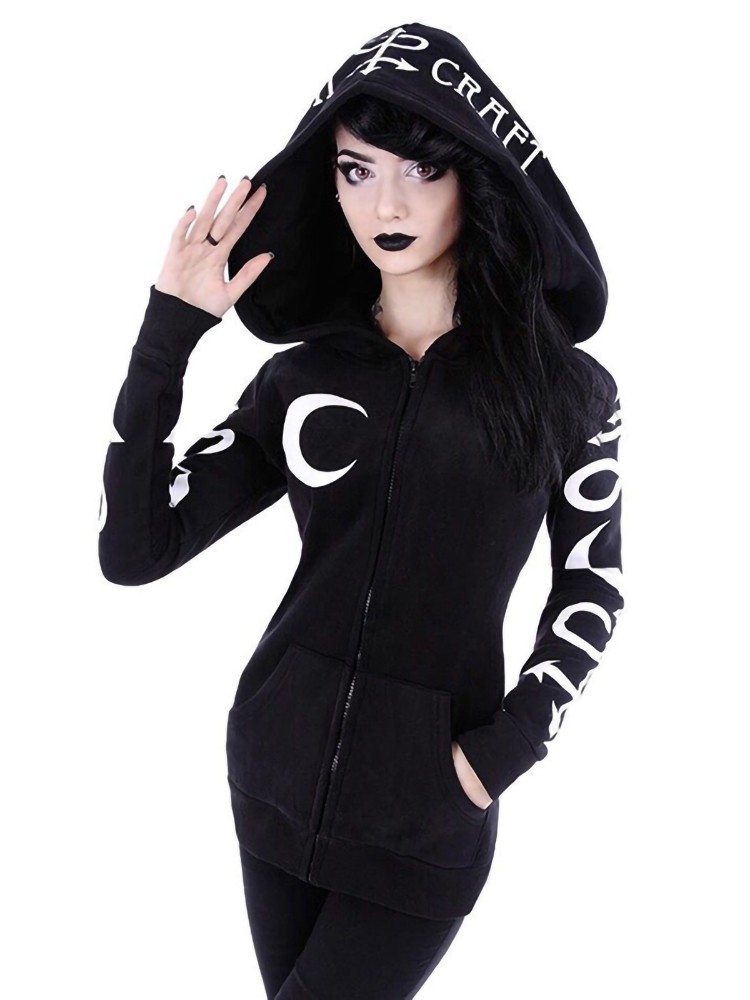 Women Hoodies Gothic Punk Moon Letter Print Sweatshirts 2022 Autumn Winter Long Sleeve Black Jacket Zipper Coat Casual Hoody 5XL alx