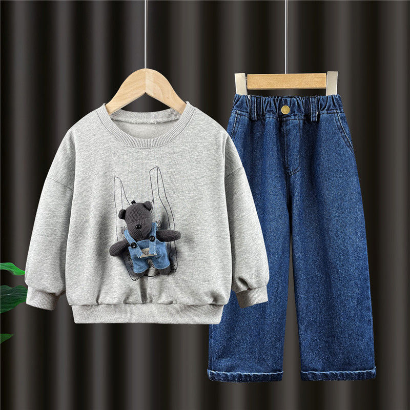 Spring Autumn Kids Clothing Children’s Loose Shoulder Sleeve Top+Jean Pants 2Pcs Cartoon Bear Cute Sweater Boys’ Girls Clothes alx