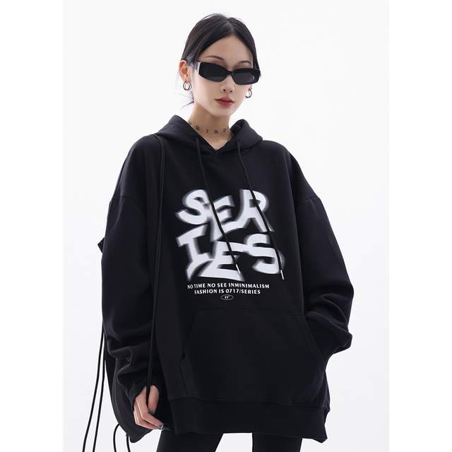 Women Grey Hooded Sweatshirt Letter Printing Drawstring Pullover Korean Fashion New Baggy Oversize Long Sleeves Tops Winter alx